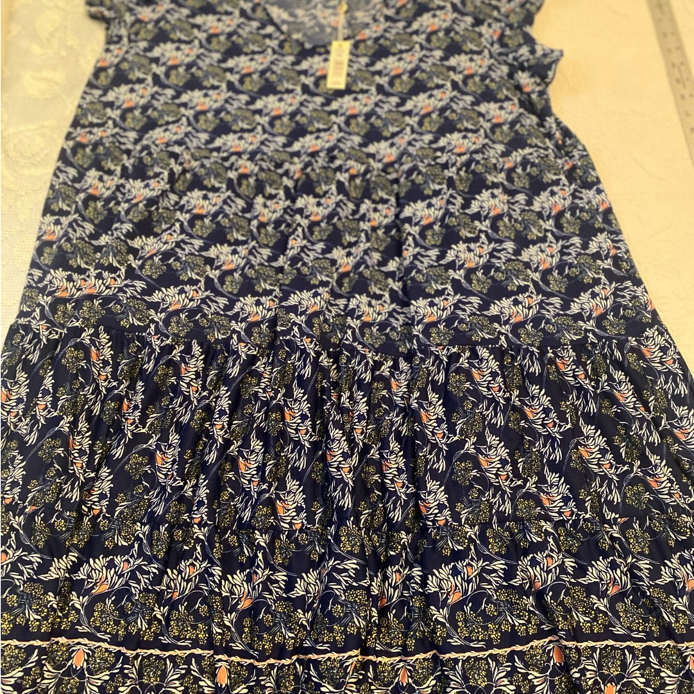 Max Studio Navy Floral Midi Dress with Coral Accents